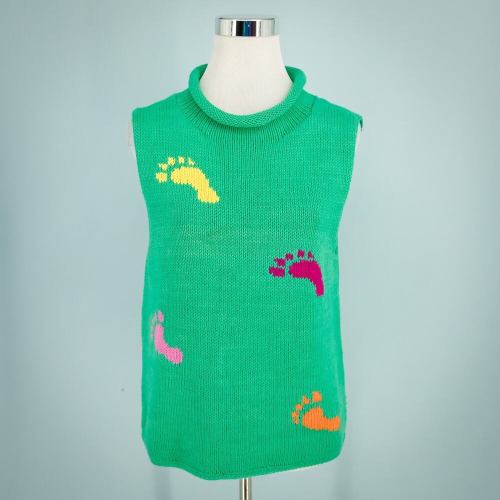 Rey Wear Size Medium M Large L Hand Knit Foot Print Roll Neck Sleeveless Sweater